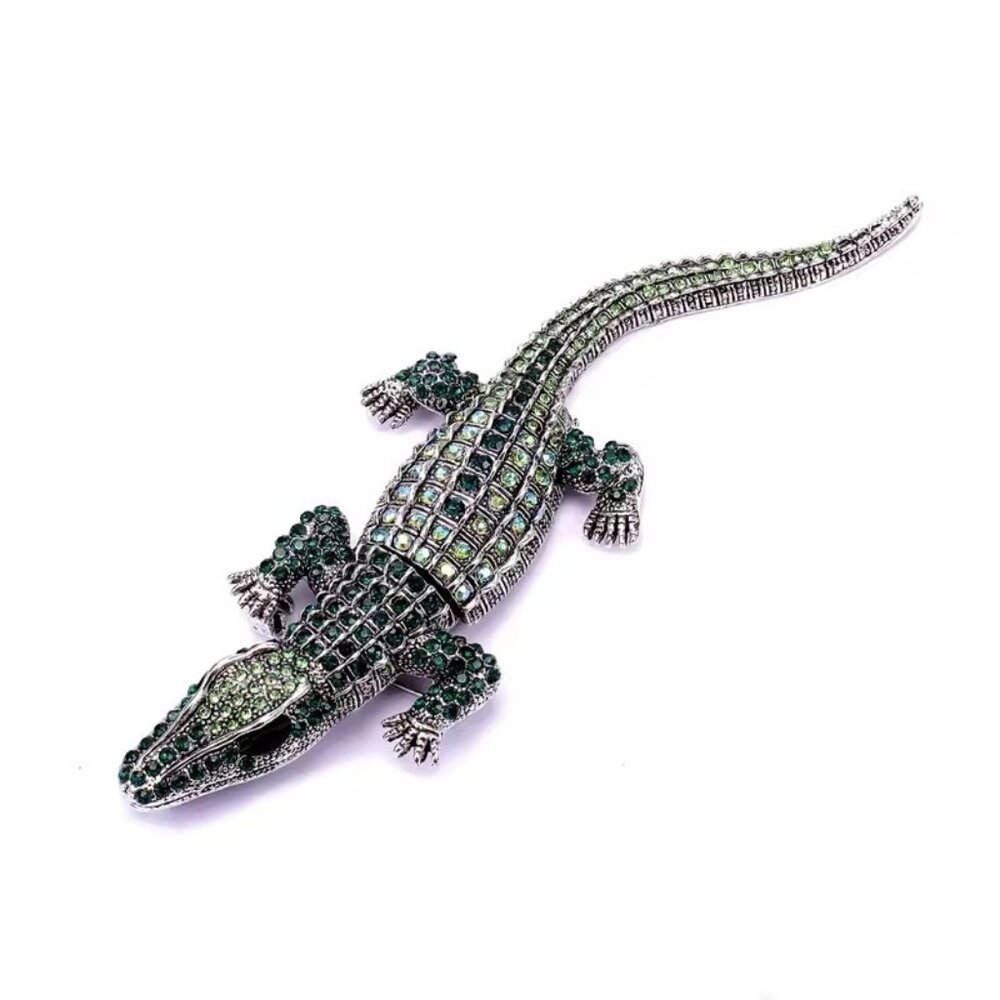 Vintage Art Deco Style Green Crystal Large Crocodile Alligator Brooch Pin - NEW